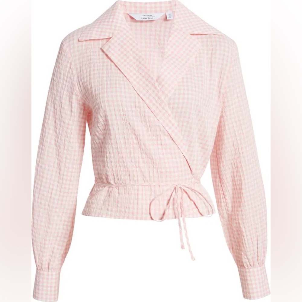 & other stories seersucker pink and white blouse